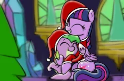 Size: 1214x800 | Tagged: safe, artist:emositecc, derpibooru import, spike, twilight sparkle, twilight sparkle (alicorn), alicorn, dragon, pony, baby, baby dragon, christmas, cute, cutie mark, eyes closed, female, grin, hat, holding, holiday, hug, male, mama twilight, mare, santa hat, signature, smiling, spikabetes, spikelove, tree, twiabetes, twilight's castle