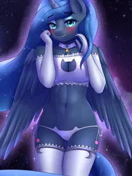 Size: 3000x4000 | Tagged: adorasexy, alicorn, alternate version, anthro, artist:twistedscarlett60, bell, bell collar, blushing, boob window, bra, breasts, busty princess luna, cat keyhole bra set, cat lingerie, chest fluff, choker, cleavage, clothes, collar, colored pupils, corset, cute, derpibooru import, evening gloves, female, gloves, high res, lingerie, long gloves, looking at you, mare, night, nudity, panties, princess luna, sexy, socks, solo, solo female, stars, stockings, suggestive, thigh highs, underwear