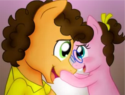 Size: 1801x1370 | Tagged: safe, artist:crazynutbob, derpibooru import, cheese sandwich, oc, oc:fudge fondue, bucktooth, eye contact, father and daughter, female, filly, forehead touch, glasses, gradient background, hair ribbon, looking at each other, male, next generation, offspring, parent:cheese sandwich, parent:pinkie pie, parents:cheesepie, ponytail, simple background, touching face