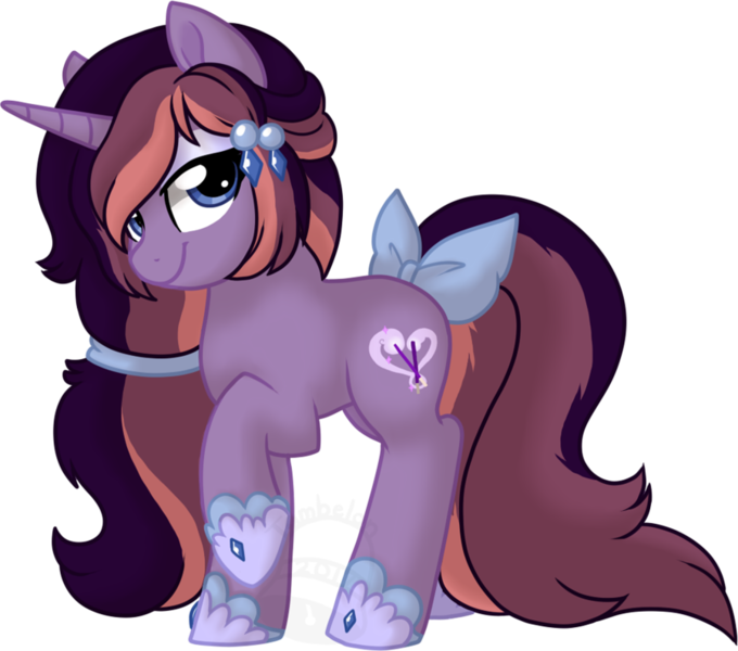 Size: 900x794 | Tagged: safe, artist:tambelon, derpibooru import, oc, oc:lavender aroma, unofficial characters only, pony, unicorn, bow, eyeshadow, female, looking at you, makeup, mare, solo, watermark