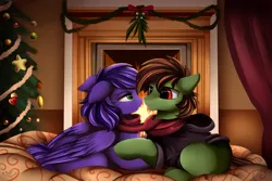 Size: 3000x2000 | Tagged: safe, artist:pridark, derpibooru import, oc, unofficial characters only, earth pony, pegasus, pony, cheek fluff, chest fluff, christmas, christmas tree, clothes, commission, cute, ear fluff, eye contact, female, fireplace, fluffy, holiday, hoodie, leg fluff, lidded eyes, looking at each other, male, mare, neck fluff, oc x oc, ocbetes, open mouth, prone, scarf, shared clothing, shared scarf, shipping, smiling, stallion, straight, tree