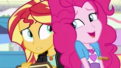 Size: 1920x1080 | Tagged: safe, derpibooru import, screencap, pinkie pie, sunset shimmer, equestria girls, mirror magic, spoiler:eqg specials, book, discovery family logo, geode of empathy, geode of sugar bombs, journal