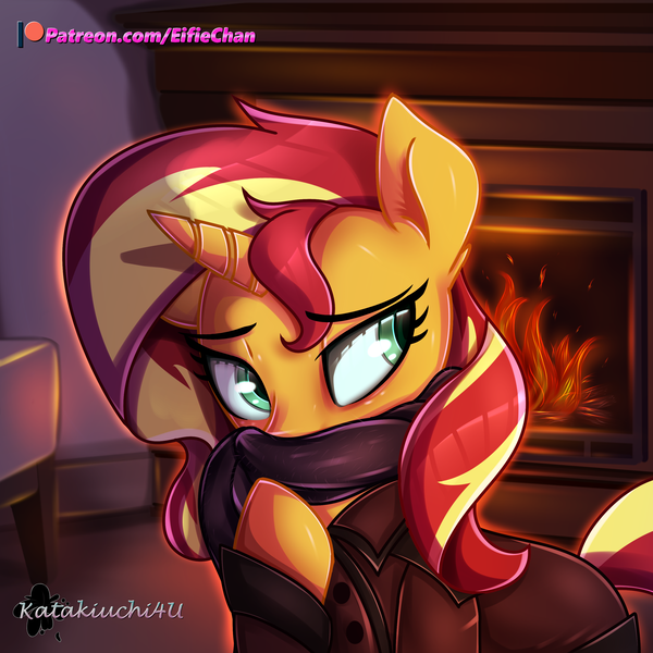 Size: 3000x3000 | Tagged: safe, artist:katakiuchi4u, derpibooru import, sunset shimmer, pony, unicorn, christmas, clothes, female, fireplace, holiday, mare, patreon, patreon logo, scarf, solo