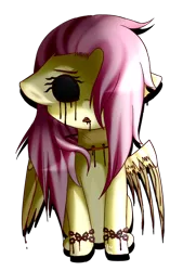 Size: 644x952 | Tagged: grimdark, artist:ladyunilove, derpibooru import, fluttershy, pegasus, pony, blood, chains, empty eye socket, female, hair over one eye, mare, open mouth, simple background, sitting, solo, spread wings, transparent background, wings