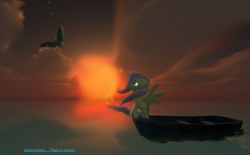 Size: 1311x813 | Tagged: safe, artist:zeezou2, derpibooru import, fluttershy, bird, pegasus, pony, 3d, boat, female, flying, mare, signature, solo, spread wings, sunset, water, windswept mane, wings