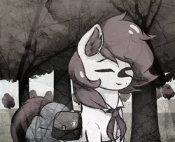 Size: 1100x894 | Tagged: safe, artist:mrscroup, derpibooru import, oc, unofficial characters only, earth pony, pony, clothes, eyes closed, female, mare, saddle bag, sepia, skirt, solo, tree