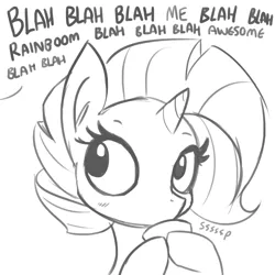 Size: 1650x1650 | Tagged: safe, artist:tjpones, derpibooru import, rarity, pony, unicorn, blah blah blah, blushing, bust, cup, dialogue, drink, drinking, female, food, grayscale, hoof hold, implied rainbow dash, mare, monochrome, offscreen character, simple background, sipping, sipping tea, sketch, solo, tea, teacup, white background