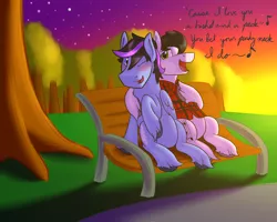 Size: 2500x2000 | Tagged: safe, artist:inlustriusghost, derpibooru import, oc, oc:glacier wind, oc:swing rhythm, unofficial characters only, bench, blushing, cute, flannel, gay, holding, hug, male, singing, sitting, stallion, sunset, tree