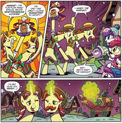 Size: 1016x1023 | Tagged: apple bloom, artist:brendahickey, derpibooru import, dragon, flam, flim, flim flam brothers, idw, safe, spike, spoiler:comic, spoiler:comicholiday2017