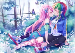 Size: 4500x3212 | Tagged: safe, artist:odaefnyo, derpibooru import, fluttershy, rainbow dash, butterfly, human, equestria girls, equestria girls series, anime, clothes, converse, couple, cute, daaaaaaaaaaaw, dress, eyes closed, female, flutterdash, garden, grass, hoodie, human coloration, humanized, imminent kissing, leaning, leggings, lesbian, multicolored hair, romance, shipping, shoes, smiling