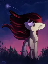 Size: 1500x2000 | Tagged: safe, artist:freeedon, derpibooru import, oc, oc:electra sparks, unofficial characters only, earth pony, pony, female, head turn, looking away, looking up, mare, night, raised hoof, shooting star, smiling, solo, windswept mane