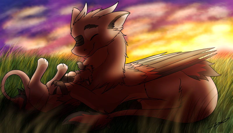 Size: 5760x3300 | Tagged: safe, artist:xeirla, derpibooru import, oc, oc:kali, unofficial characters only, dragon, gryphon, absurd resolution, digital art, fluffy, meadow, species swap, sunset, wings