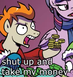 Size: 593x627 | Tagged: alicorn, artist:brendahickey, bits, cropped, derpibooru import, dragon, edit, futurama, gem, idw, image macro, meme, philip j. fry, reaction image, safe, shut up and take my money, solo focus, spike, spoiler:comic, spoiler:comicholiday2017, twilight sparkle, twilight sparkle (alicorn)