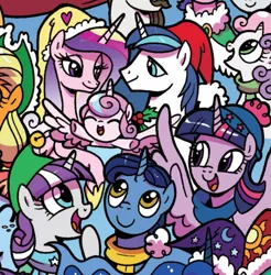 Size: 835x847 | Tagged: safe, derpibooru import, idw, applejack, cookie crumbles, hondo flanks, night light, princess cadance, princess celestia, princess flurry heart, princess luna, rarity, sweetie belle, twilight sparkle, twilight sparkle (alicorn), twilight velvet, windy whistles, alicorn, earth pony, pegasus, pony, unicorn, spoiler:comic, spoiler:comicholiday2017, c:, christmas, cropped, cute, diaper, eyes closed, family, female, filly, foal, happy, hat, holiday, holly, lidded eyes, mare, open mouth, santa hat, smiling, sparkle family, spread wings, wings