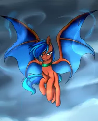 Size: 875x1080 | Tagged: safe, artist:mariashapony, derpibooru import, oc, oc:bluemist, unofficial characters only, bat pony, pony, bat pony oc, bat wings, collar, fangs, looking at you, male, piercing, simple background, solo, stallion