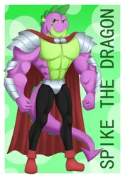 Size: 2284x3240 | Tagged: abs, artist:liu ting, beefspike, cape, clothes, derpibooru import, dragon, knight spike, looking at you, muscles, older, older spike, safe, smiling, solo, spike