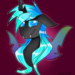 Size: 960x960 | Tagged: artist:thelegendaryuniverse, blue changeling, changeling, changeling oc, derpibooru import, digital art, looking at you, oc, oc:kryostasis, safe, smiling, solo, unofficial characters only