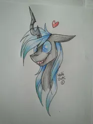 Size: 922x1230 | Tagged: artist:thelegendaryuniverse, blue changeling, bust, changeling, changeling oc, derpibooru import, heart, oc, oc:kryostasis, safe, smiling, solo, traditional art, unofficial characters only