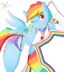 Size: 2702x3071 | Tagged: suggestive, artist:theironmountain, derpibooru import, rainbow dash, anthro, adorasexy, arm hooves, bell, clothes, collar, cute, dashabetes, ear piercing, earring, female, manga style, one eye closed, open mouth, piercing, rainbow socks, sexy, socks, solo, solo female, striped socks, thigh highs, wink