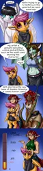 Size: 700x2800 | Tagged: safe, artist:aphexangel, derpibooru import, scootaloo, oc, oc:laura the zony, anthro, dragon, pegasus, pony, anthro with ponies, clothes, dialogue, ear fluff, holding a pony, looking at you, non-mlp oc, stalkerloo