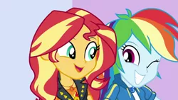 Size: 1280x720 | Tagged: safe, derpibooru import, screencap, rainbow dash, sunset shimmer, a fine line, equestria girls, equestria girls series, clothes, duo, geode of empathy, geode of super speed, magical geodes, one eye closed, open mouth, shipping fuel, wink