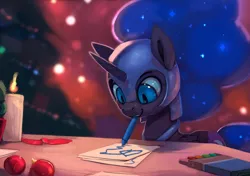 Size: 1000x704 | Tagged: safe, artist:rodrigues404, derpibooru import, nightmare moon, alicorn, pony, :3, candle, christmas, christmas tree, crayon, cute, drawing, female, filly, helmet, holiday, looking down, moonabetes, mouth hold, nightmare woon, rodrigues404 is trying to murder us, smiling, solo, table, tree, younger