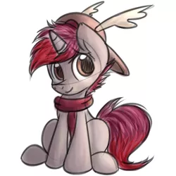 Size: 1000x1000 | Tagged: safe, artist:littleblackraencloud, derpibooru import, oc, oc:linkin, unofficial characters only, pony, unicorn, clothes, hat, male, scarf, simple background, sitting, smiling, solo, stallion, white background