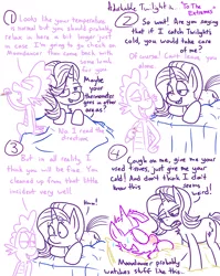 Size: 1280x1611 | Tagged: safe, artist:adorkabletwilightandfriends, derpibooru import, moondancer, spike, starlight glimmer, twilight sparkle, dragon, pony, unicorn, comic:adorkable twilight and friends, adorkable twilight, ass up, bed, blanket, cold, comic, dialogue, dimples, female, flu, lineart, male, mare, red nosed, sick, simple background, slice of life, sweat, thermometer, white background
