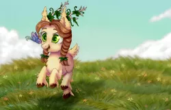 Size: 3100x2000 | Tagged: safe, artist:0okami-0ni, derpibooru import, oc, unofficial characters only, butterfly, pony, antlers, cloud, female, grass, mare, running, sky, smiling, unshorn fetlocks