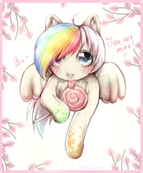 Size: 1000x1200 | Tagged: safe, artist:puddingtwilight, derpibooru import, oc, unofficial characters only, pegasus, pony, blue eyes, blushing, border, candy, chest fluff, food, heterochromia, leaves, licking, lollipop, looking at you, pegasus oc, pink eyes, rainbow hair, signature, spackle, tongue out, wings, ych result