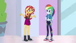 Size: 1280x720 | Tagged: safe, derpibooru import, screencap, rainbow dash, sunset shimmer, a fine line, equestria girls, equestria girls series, boots, clothes, converse, geode of empathy, geode of super speed, high heel boots, jacket, leather jacket, legs, magical geodes, pants, shoes, skirt, sneakers