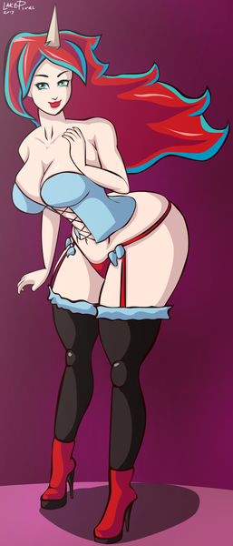 Size: 972x2273 | Tagged: artist:officiallp, breasts, clothes, derpibooru import, female, horned humanization, human, humanized, lingerie, oc, oc:infinite futura, panties, simple background, solo, suggestive, underwear, unofficial characters only