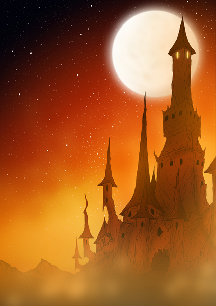 Size: 2460x3485 | Tagged: safe, artist:westphalianartist, derpibooru import, architecture, atmospheric, castle, creepy, fog, fortress, full moon, generation leap, metal as fuck, moon, mountain, night, night sky, no pony, scenery, sky, stairs, stars, story in the source, story included, stronghold, tambelon