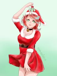 Size: 1500x2000 | Tagged: safe, artist:romaziana, derpibooru import, oc, oc:infinite futura, unofficial characters only, christmas, clothes, costume, hat, holiday, holly, holly mistaken for mistletoe, santa costume, santa hat, simple background, solo