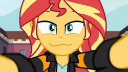 Size: 1280x720 | Tagged: safe, derpibooru import, edit, edited screencap, screencap, sunset shimmer, equestria girls, friendship games, :3, bedroom eyes, canterlot high, catface, cropped, faic, inverted mouth, looking at you, she knows, smugset shimmer