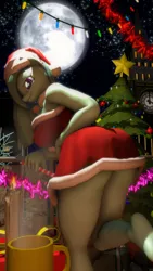 Size: 2160x3838 | Tagged: suggestive, artist:dj-chopin, derpibooru import, marble pie, anthro, earth pony, plantigrade anthro, 3d, barefoot, breasts, busty marble pie, candy, candy cane, christmas, christmas tree, feet, female, food, full moon, hat, holiday, looking at you, mare, moon, night, purple eyes, santa hat, sexy, smiling, solo, solo female, source filmmaker, stupid sexy marble pie, tree, underass