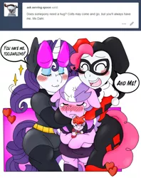 Size: 2191x2763 | Tagged: artist:blackbewhite2k7, ask, baby doll, batman, catwoman, comforting, crying, derpibooru import, diamond tiara, doll, group hug, harley quinn, hug, pinkie pie, pinkie quinn, rarity, safe, toy, tumblr, tumblr comic