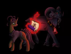 Size: 3573x2723 | Tagged: safe, artist:westphalianartist, derpibooru import, grogar, sable spirit, pony, sheep, campfire tales, atmosphere, bell, black background, clothes, curved horn, dark magic, darkness, evil, evil grin, facial hair, g1, g1 to g4, generation leap, glow, glowing eyes, goatee, grin, headcanon, magic, magic aura, over the shoulder, ram, red eyes, scroll, simple background, smiling, story in the source, story included, vaguely asian robe