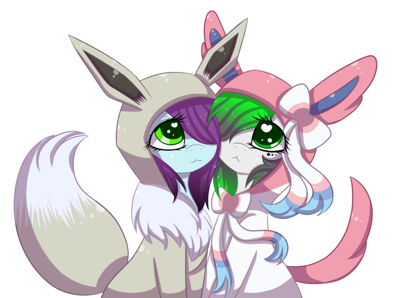 Size: 4527x3306 | Tagged: safe, artist:mimihappy99, derpibooru import, oc, oc:mimi happy, oc:wubsy, unofficial characters only, earth pony, eevee, pegasus, pony, sylveon, :3, clothes, cosplay, costume, cute, duo, female, heart eyes, kigurumi, lesbian, mare, oc x oc, outfit, pokémon, shiny pokémon, shipping, simple background, transparent background, wingding eyes