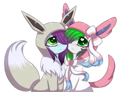 Size: 4527x3306 | Tagged: safe, artist:mimihappy99, derpibooru import, oc, oc:mimi happy, oc:wubsy, unofficial characters only, earth pony, eevee, pegasus, pony, sylveon, :3, clothes, cosplay, costume, cute, duo, female, heart eyes, kigurumi, lesbian, mare, oc x oc, outfit, pokémon, shiny pokémon, shipping, simple background, transparent background, wingding eyes