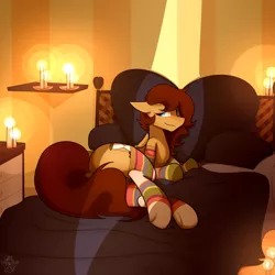 Size: 2500x2500 | Tagged: suggestive, artist:detpoot, derpibooru import, oc, unofficial characters only, pegasus, pony, bed, bedroom, bedroom eyes, candle, candlelight, clothes, female, mare, socks, solo