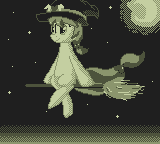 Size: 160x144 | Tagged: artist:zoiby, broom, crescent moon, derpibooru import, flying, flying broomstick, game boy, hat, monochrome, moon, oc, oc:sugar spell, pixel art, safe, solo, unofficial characters only, witch hat