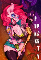 Size: 600x877 | Tagged: suggestive, artist:patchiiri, derpibooru import, pinkie pie, anthro, human, bracelet, breasts, busty pinkie pie, cleavage, clothes, denim skirt, female, jewelry, makeup, microphone, miniskirt, nail polish, panties, peace sign, piercing, pose, punk, punkie pie, skirt, skirt lift, socks, solo, solo female, tattoo, thigh highs, thighs, tongue out, tongue piercing, underwear, watermark, zoom layer