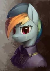 Size: 1812x2563 | Tagged: safe, artist:draconidsmxz, derpibooru import, rainbow dash, pegasus, pony, fallout equestria, fanfic, bust, clothes, eye scar, fanfic art, female, hat, looking at you, mare, ministry mares, ministry of awesome, scar, solo, uniform, wings