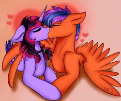 Size: 1999x1663 | Tagged: safe, artist:shamy-crist, derpibooru import, oc, oc:bright, oc:shamy, unofficial characters only, alicorn, pegasus, pony, bramy, female, kissing, male, mare, oc x oc, shipping, straight