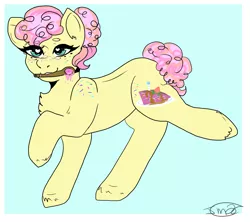 Size: 1429x1268 | Tagged: safe, artist:jadedmelody613, derpibooru import, oc, oc:funfetti confetti, unofficial characters only, earth pony, pony, blue background, chest fluff, female, freckles, heart eyes, mare, mouth hold, raised hoof, shoulder freckles, signature, simple background, solo, spoon, unshorn fetlocks, wingding eyes