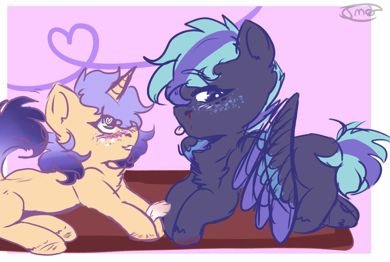 Size: 1024x688 | Tagged: safe, artist:jadedmelody613, derpibooru import, oc, oc:chiffon melrose, oc:comet trail, unofficial characters only, pegasus, pony, unicorn, adopted offspring, blood, blushing, chest fluff, female, freckles, heart eyes, lying down, magical lesbian spawn, male, mare, nosebleed, offspring, parent:applejack, parent:rainbow dash, parent:rarity, signature, simple background, stallion, story included, unshorn fetlocks, wingding eyes