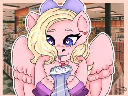 Size: 1024x768 | Tagged: safe, artist:jadedmelody613, derpibooru import, oc, oc:strawberry swing, unofficial characters only, pegasus, pony, bow, cheek fluff, chest fluff, ear freckles, female, freckles, hair bow, heart eyes, hoof hold, leg warmers, mare, milkshake, shoulder freckles, signature, solo, straw, unshorn fetlocks, wing freckles, wingding eyes