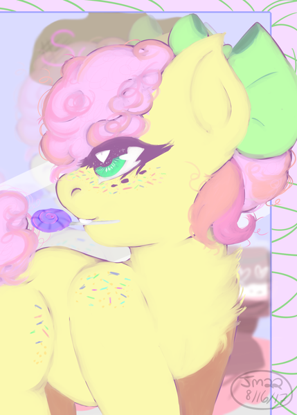 Size: 1264x1768 | Tagged: safe, artist:jadedmelody613, derpibooru import, oc, oc:funfetti confetti, unofficial characters only, earth pony, pony, bow, candy, chest fluff, female, filly, food, freckles, hair bow, lollipop, looking back, mouth hold, shoulder freckles, signature, solo