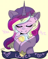 Size: 1024x1268 | Tagged: safe, artist:jadedmelody613, derpibooru import, princess cadance, alicorn, pony, chest fluff, crystal heart, eyes closed, female, freckles, heart, mare, motivational, motivational poster, signature, simple background, solo